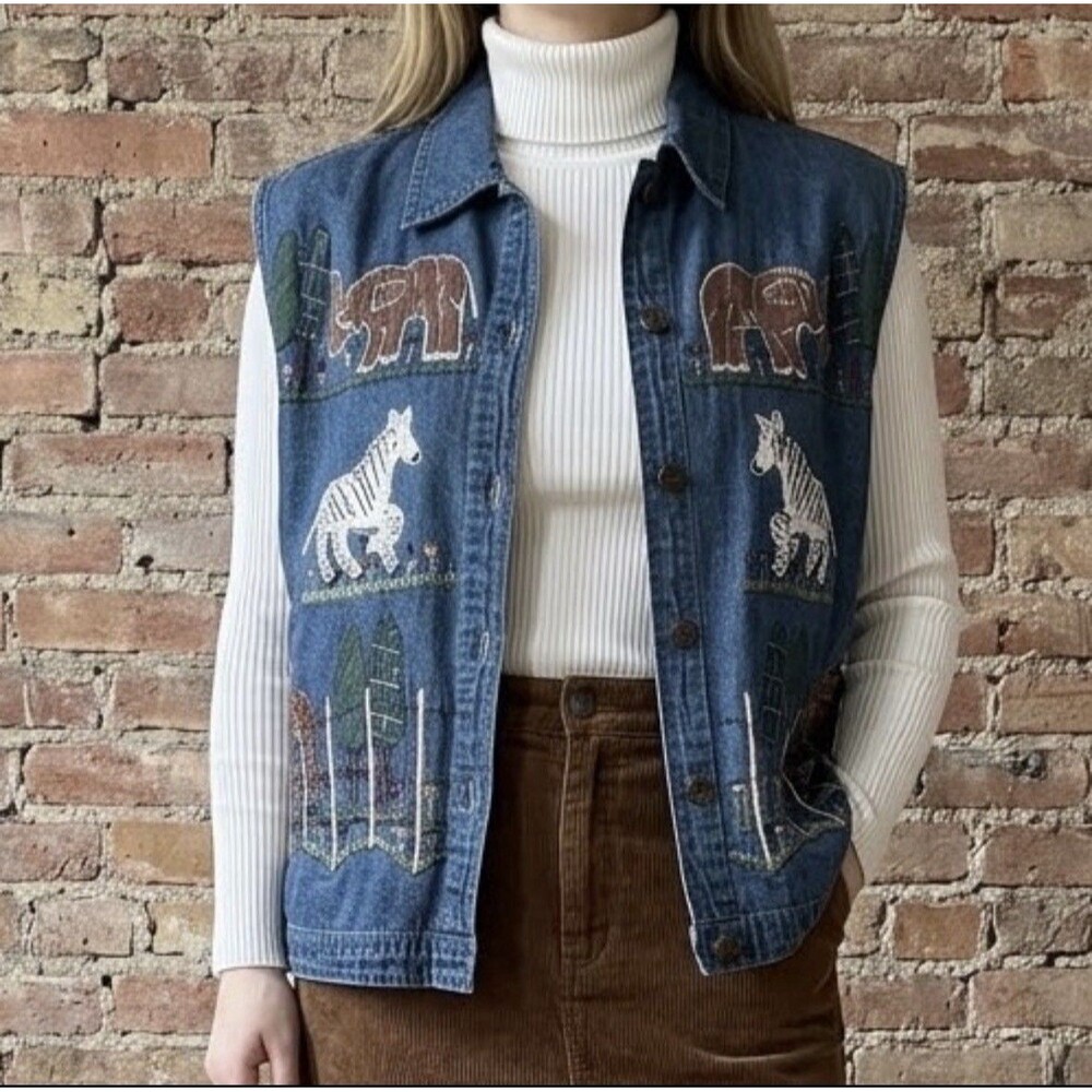 VTG New Direction Plus Denim Vest 1X Safari Embroidered Elephant Zebra Giraffe